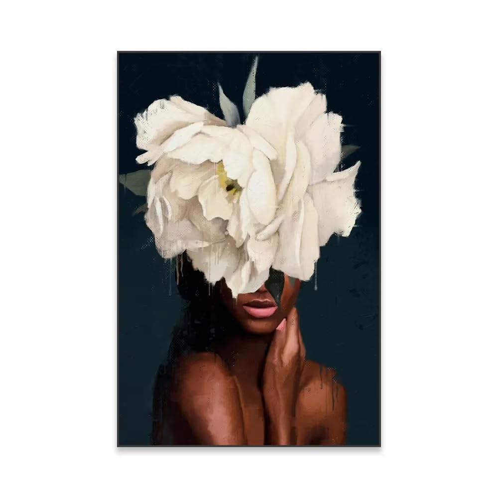 AEFOUU Classic Abstract Wall Art Black Woman Girl with Flowers Canvas Print Poster Printing Poster Living Room Decor(80x140cm/32x55in/Frameless)