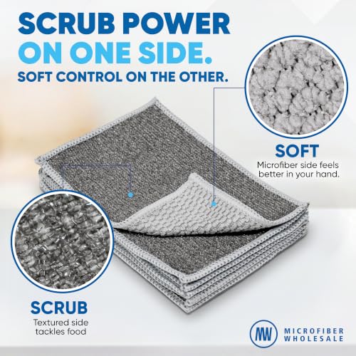 Image of Microfiber Wholesale Scrubber Cloths (12 Pack, Grey) - Scrub Without Scratching, Safe for Non-Stick, Stainless & Glass - Two-Sided 4 inchx6 inch Dish Scrubbing Cloths, Bulk Value, No Sponge Smell