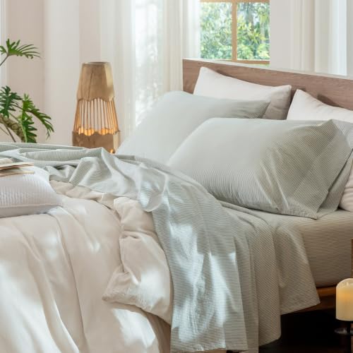 Image of MooMee Striped Sheet Set 100% Washed Cotton Linen Like King