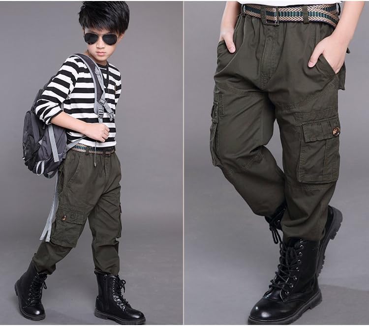Phorecys Boys Pull on Cargo Pants Elastic Waist Casual Uniform Multi-Pockets Trousers - Image 2