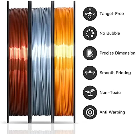 DERUC Geeetech Silk Filament PLA 1.75 mm for 3D Printers, PLA Filament, 0.5 kg per Spool, 3 Spools (Gold+Silver+Copper)
