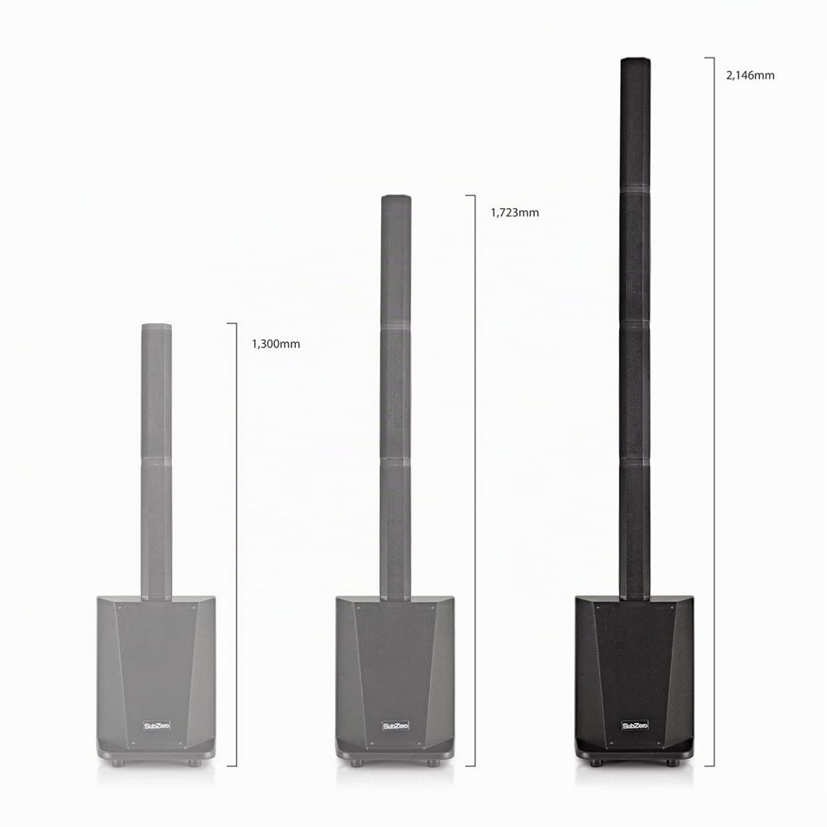 SubZero 350W Säulen-PA-System mit Bluetooth, DSP, 10" Subwoofer | Vier Lautsprecher plus 10-Zoll-Subwoofer in schlankem Design, integrierter Mixer mit Bluetooth, kabelloser Säulenaufbau