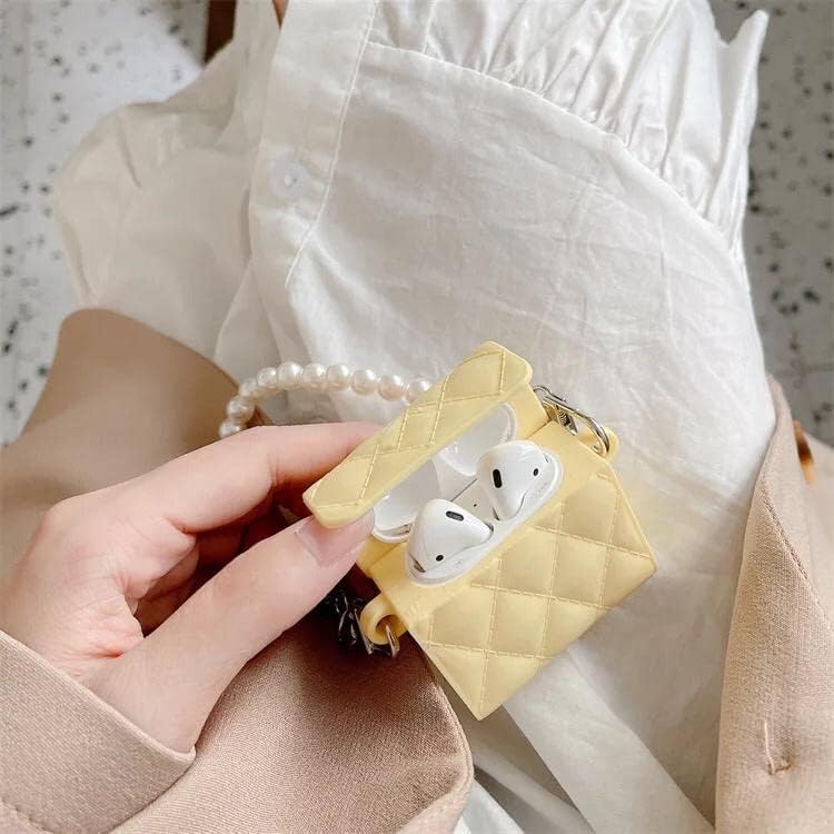 Image of Soomio Designer for Women's Premium 3D Adorable Cool Cartoon Silicone for AirPods Pro (2019) Pouch Case Pearl Chain Soft Cover Box with Wireless Charging (Yellow)