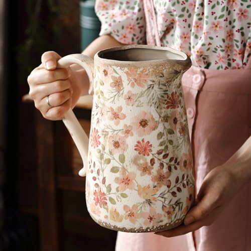 XIUWOUG Vintage Floral Ceramic Vase with Handle, Retro Ice Cracked