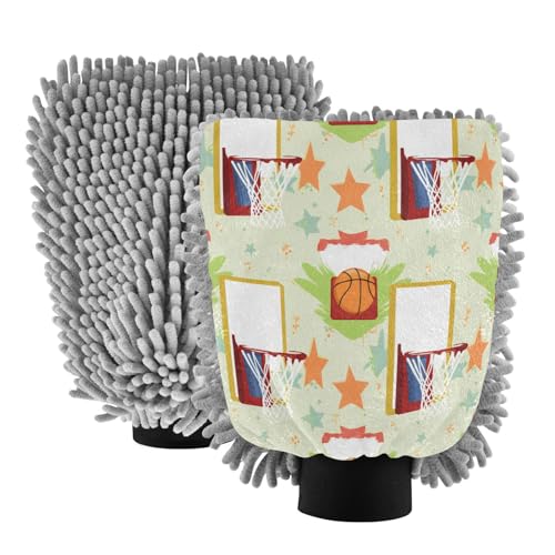 STAYTOP Cartoon Flame Basketball Car Wash Mitt Microfiber, 2Pcs Scratch Free Lint-Free, Premium Chenille Microfiber Mitt Car Wash Brush-M