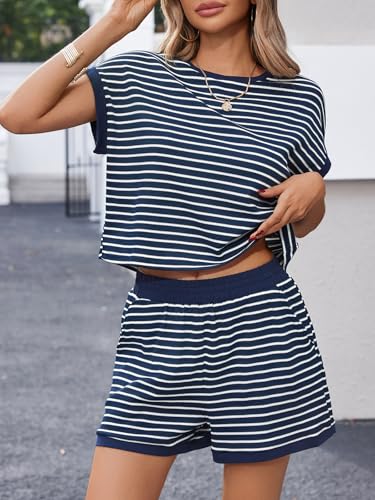 Image of Tankaneo Womens Summer 2 Piece Sets Striped Short Sleeve T Shirts and Shorts Loungewear Matching Set