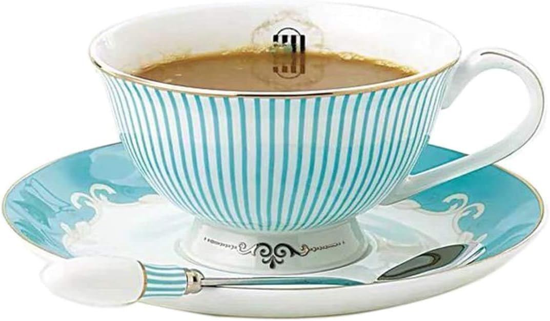 Cup& Saucer Set Bone China Porcelain Tea Coffee Cup for Breakfast Afternoon Tea- Blue Stripe Pattern
