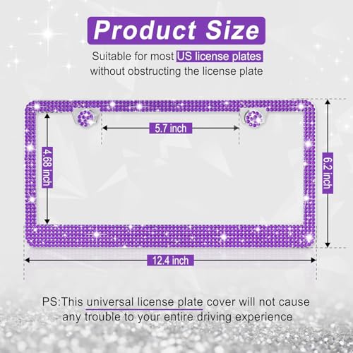 Image of Amiss Bling License Plate Frame for Women, 1Pack Rhinestone Handcrafted Crystal Premium Stainless Steel, Stainless Steel Car Decorative Accessories with Diamond Sparkle Glitter Caps (Purple)