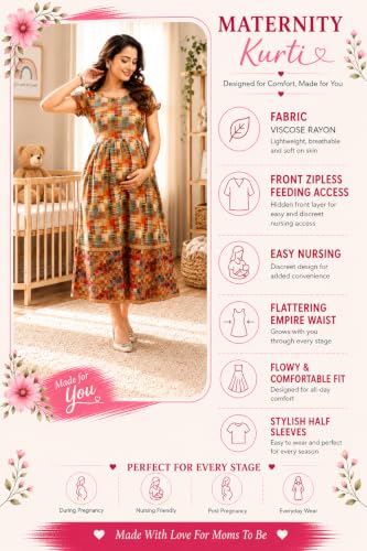 Image of RITIJYA Zipless Feeding Kurta Dress for Women | Maternity Nursing Kurti, No-Zip Easy Access | Extra Pleats Pre to Post Pregnancy | Quick-Dry Fabric | S-4XL