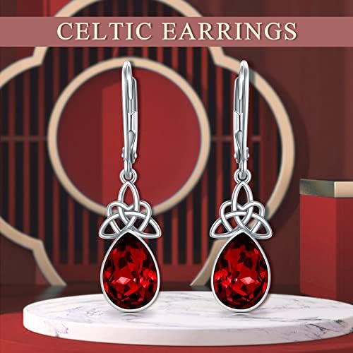 VONALA Celtic Knot Earrings 925 Sterling Silver Birthstone Leverback Earrings Crystal Drop Earrings Celtic Jewellery Gift for Women Girls