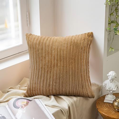 Image of Yellow Weaves Pencil-Stripe Fur Cushion Covers | Soft Polyester | Decorative Sofa & Throw Pillow Covers | 16x16 Inches, Pack of 2 (Coffee & Golden Brown)