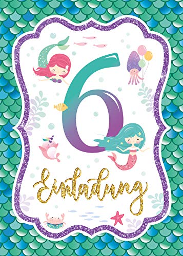 Junaversum Lot de 12 cartes d'invitation avec 12 enveloppes pour 6e anniversaire d'enfant fille sirène - Image 3