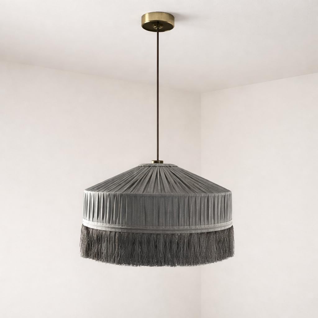 CGC Lighting Indoor Ceiling Lamp Shade Velvet Fringe Pleated Tassel Pendant 40cm Diameter (Grey Tassel)