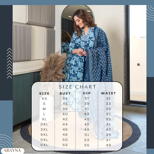 Image of Arayna Women's Pure Cotton Block Printed Ethnic Wear Kurta Set with Palazzo & Dupatta