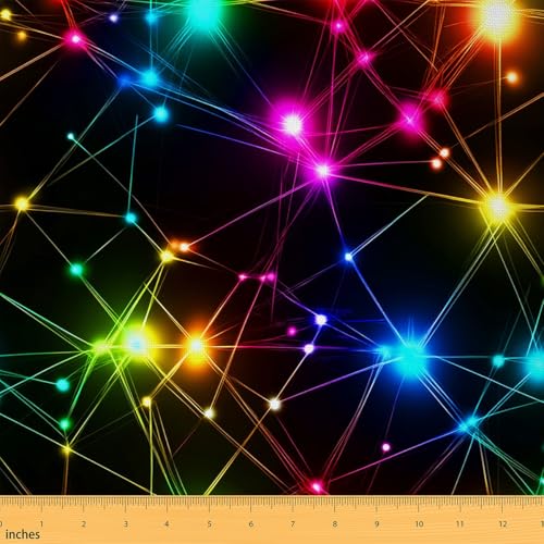 Rainbow Glowing Lights Fabric by The Yard,Colorful Neon Bling Decorative Fabric for Upholstery and Home DIY Projects,Geometric Crossed Stripes Modern Precut Fabric Squres,1 Yard,36