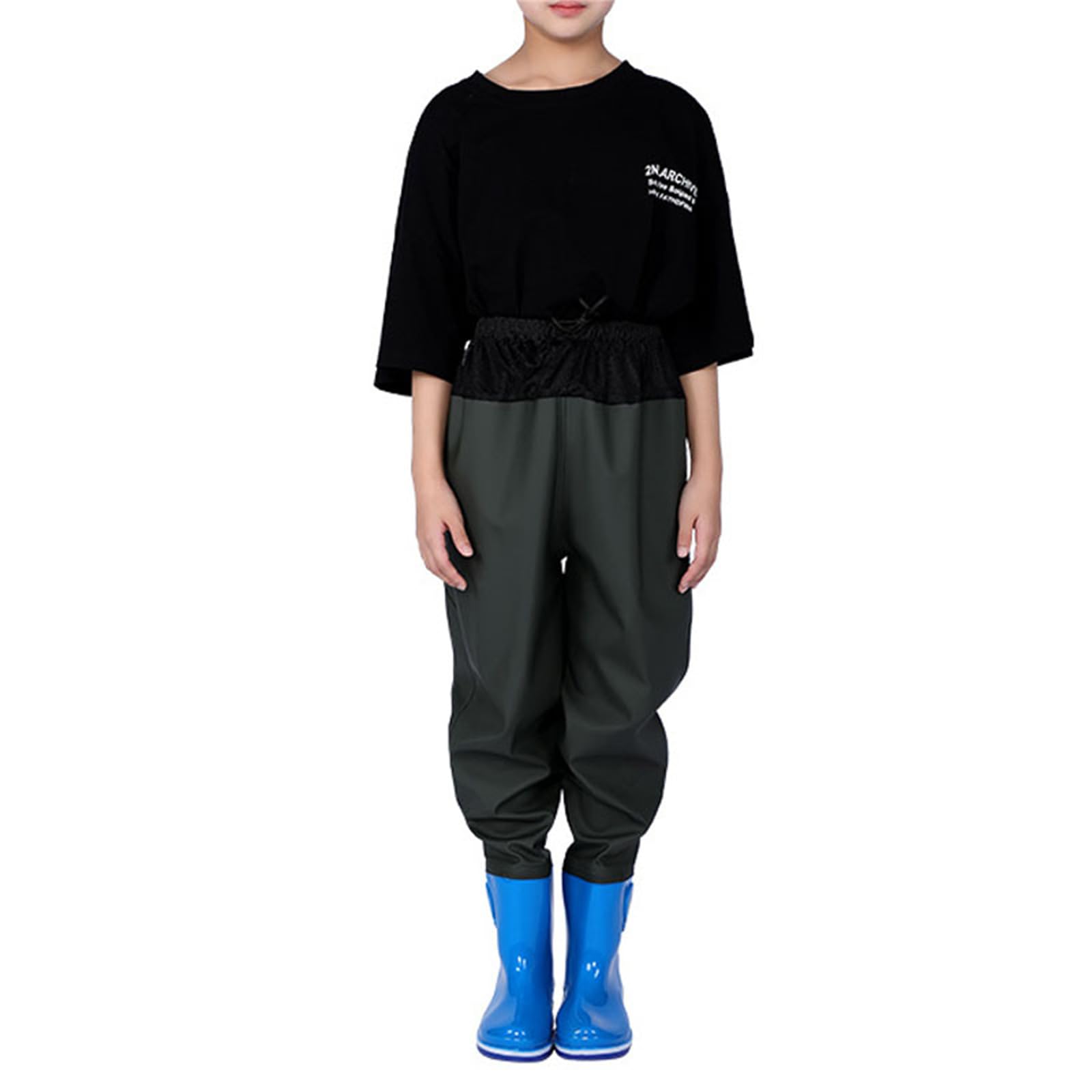 HWBZSZY Kids Elastic Waist Chest Waders for Boys And Girls, Lightweight Waterproof PVC/Nylon Fishing Pants Non-Slip Rain Shoes for Sand Water Sports Garden,Green,36
