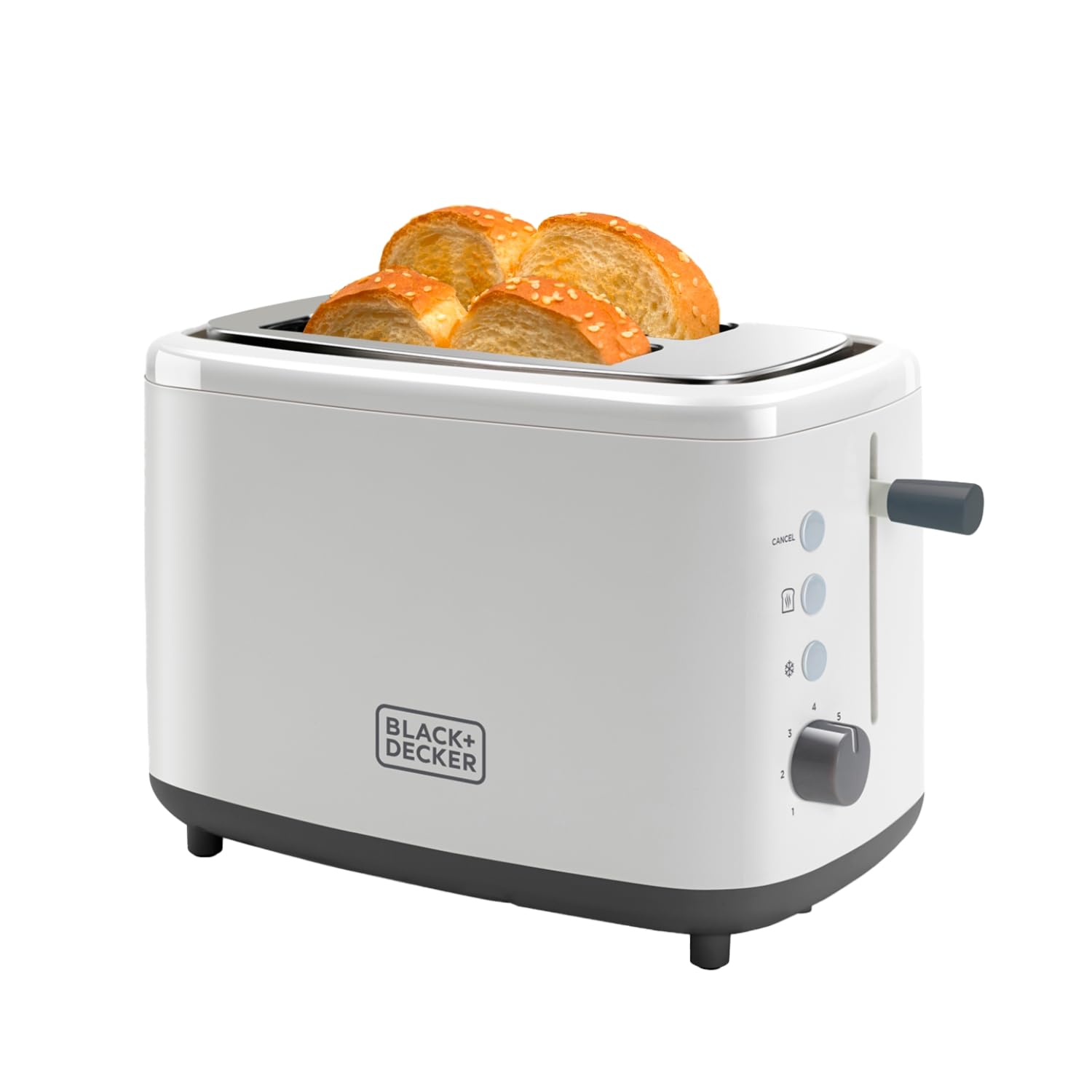 BLACK+DECKER BXTO820E - Tostapane 820W. 2 slot larghi. 7 livelli di tostatura. Sistema di autocentraggio. Funzioni: Annulla, Riscalda e Scongela. Vassoio raccoglibriciole. Piedini antiscivolo. Bianco