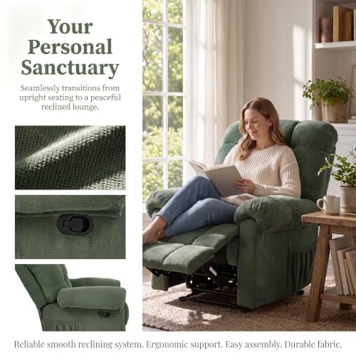 Image of Oversized Manual Recliner Chair with Side Pockets for Home, Green