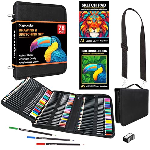 DagouColor Matita Colorate Borsa di a Spalla, 76 Matite Kit Disegno, Schizzi Set con 3-colore Sketchbook, Libro Colorare, Forniture D'arte per Artisti Principianti Professionisti Disegno Media