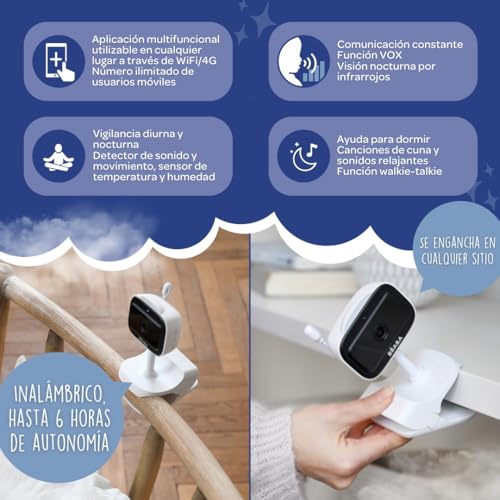 BÉABA, Babyphone Vigilabebés Vídeo con Clip, Nomad, Visión Nocturna, App Móvil, Luz Nocturna Multicolor, Walkie Talkie, Canciones Cuna, Termómetro, Control Humedad, Batería 6h, Zen Nomad Blanco - imagen 4