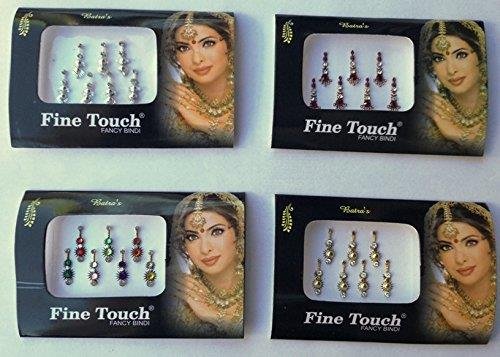 The Only Original 4 Pack Silver, Gold, Maroon, Multi Color Long Size Bollywood Head Bindi Tattoo Indian Art Rhinestone Stick On Reusable