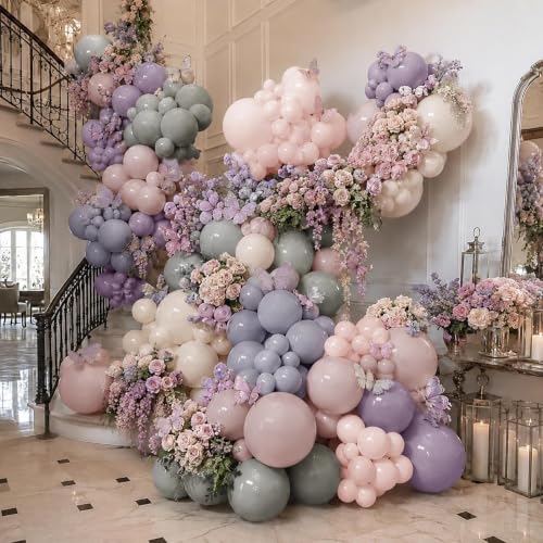 Image of Dusty Pink Purple Balloon Arch Double Stuffed Light Blush Lavender Balloon | Lilac White Ivory Gray Balloon Garland for Fairy Baby Shower Birthday Bloom Bridal Shower Butterfly Mermaid Party Decorations