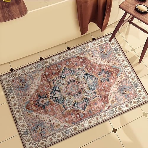 Boho Tribal Area Rug 2x3 Small Entranway Rug Bathroom Doormat Indoor Carpet Farmhouse RugFaux Wool Non-Slip Washable Low-Pile Floor Carpet for Indoor Front Entrance Kitchen Bathroom, Brickred
