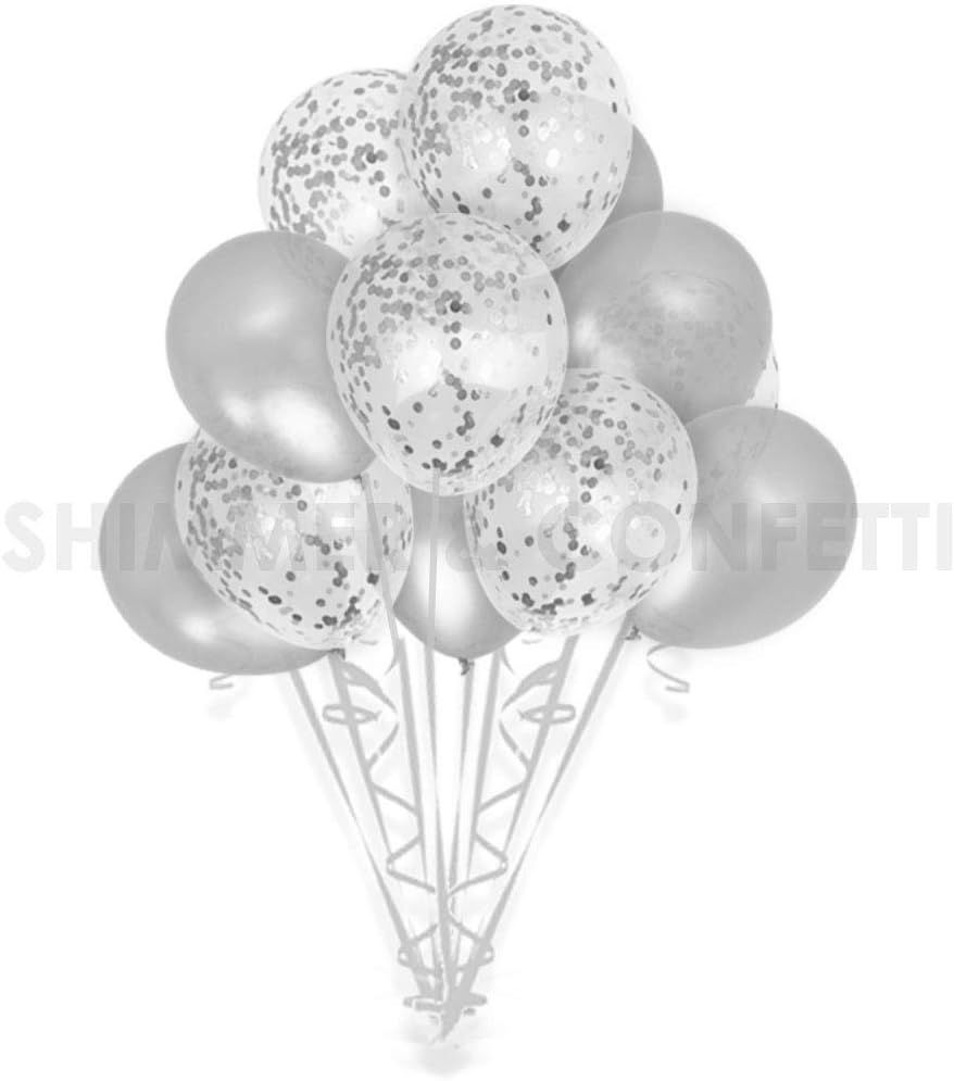 SHIMMER & CONFETTI 15 Pack Large Silver Confetti Balloons. 5 Pieces 36-inch Confetti Balloons, 5 12-inch Confetti Balloons, 5 Metallic Silver Balloons for Christmas, Birthday Party, Bridal Shower