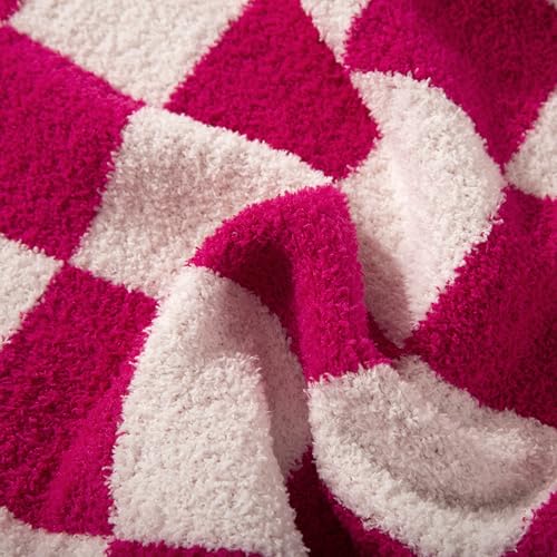 Image of Elegant Comfort Checkered Throw Blanket, Hot Pink Super Soft Cozy Fluffy Warm Throw Blankets for Couch, Sofa, Chair, Bed, Camping, Picnic, Travel Lightweight Bed Blanket (50 inch x 70 inch)