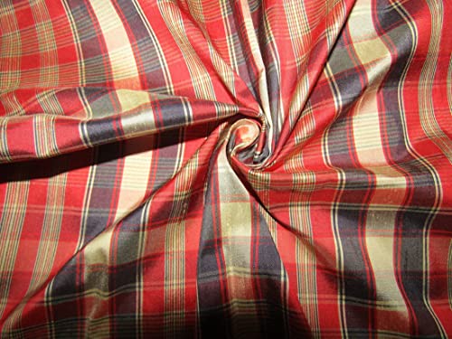Tissu 100 % soie dupion rouge et bleu nuit carreaux dorés de haute couture