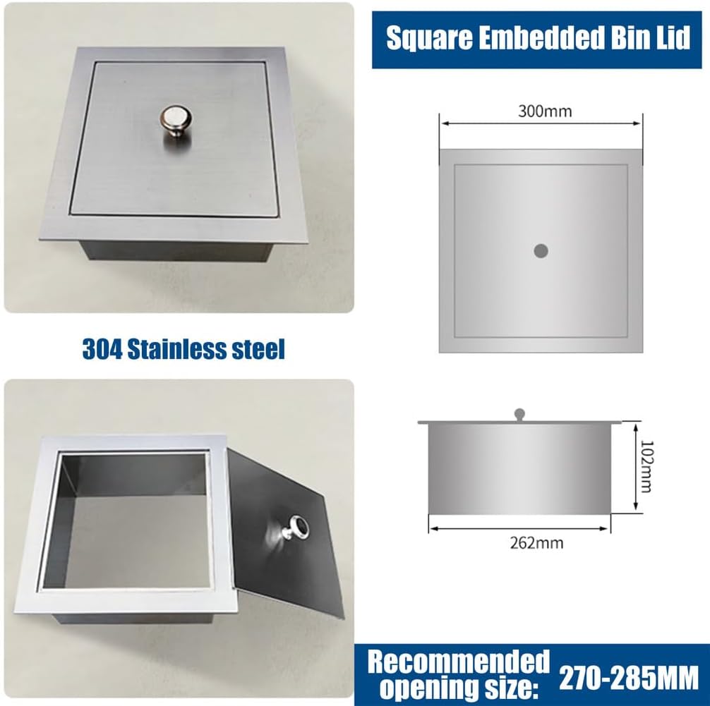 Kitchen Cabinet Trash Can Lid, Countertop Embedded Trash Bin Chute Lid, Stainless Steel Wastebasket Cover, Office Bathroom Built-in Hideaway Single Lid,Square lid