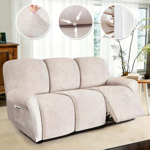 Image of ANARACHON Recliner Couch Cover Leather Look Recliner Sofa Covers for 3 Cushion Reclining Sofa Slipcovers 8-Pieces Furniture Protector Spandex Fabric Washable (3 Seater, 02 Beige)