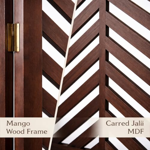 Image of Wooden Room Divider 6 Feet, 4-Panel Folding Wooden Partition for Living Room, Office, Pooja Room, Restaurant, Kitchen & Balcony (2W x 1.82H Meters). (Brown-Conical Pattern)