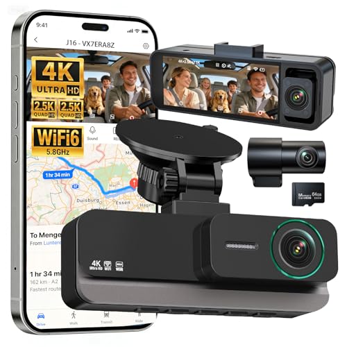 Nymzview 4K+2.5K+2.5K 3 Channel Dash Cam - Front/Rear/Inside - 5.8GHz WiFi 6 Dashcam with IR Night Vision, 64GB Card, 24H Parking Mode, G-Sensor - Car Dash Cam for Rideshare & Taxi