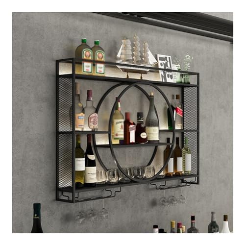 Botellero de Metal Estilo Industrial para Montar en la Pared con estantes flotantes, Soporte para Botellas y Copas de Vino, Ideal para decoración de Bar en casa, Color Negro (100 x
