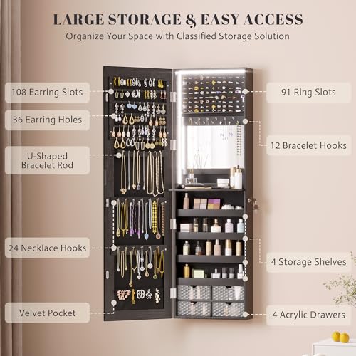 Image of Vlsrka 47.2 inch Jewelry Armoire Organizer, Wall /Door Mounted Jewelry Cabinet