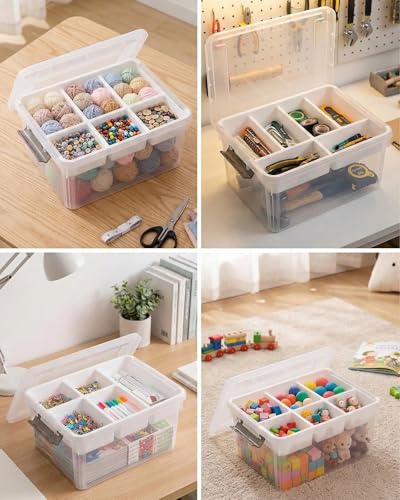 Image of EOENVIVS 17 QT Clear craft storage organizer box with Removable Tray, Plastic storage bins with lids for Kids Art Supplies, Toys, Beads, Tools, Sewing & Classroom Clear+White Bulcket