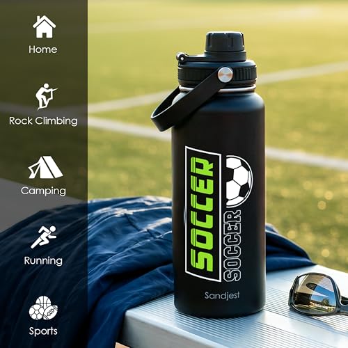Image of SANDJEST Soccer Insulated Stainless Steel Water Bottle 32oz, Vacuum Chug Lid Travel Tumbler for Men Friends Dad Brothers Players Coaches, Gift for Birthday Christmas Fathers Day