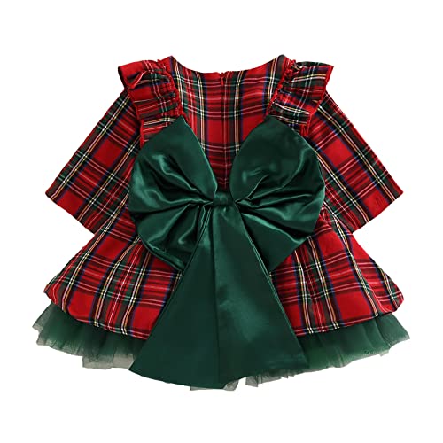 oneflow Toddler Christmas Dress Baby Girl Red Plaid Dresses and Green Tutu Xmas Outfit with Ruffle Princess Bowknot (Vintage Red Green,1-2T)
