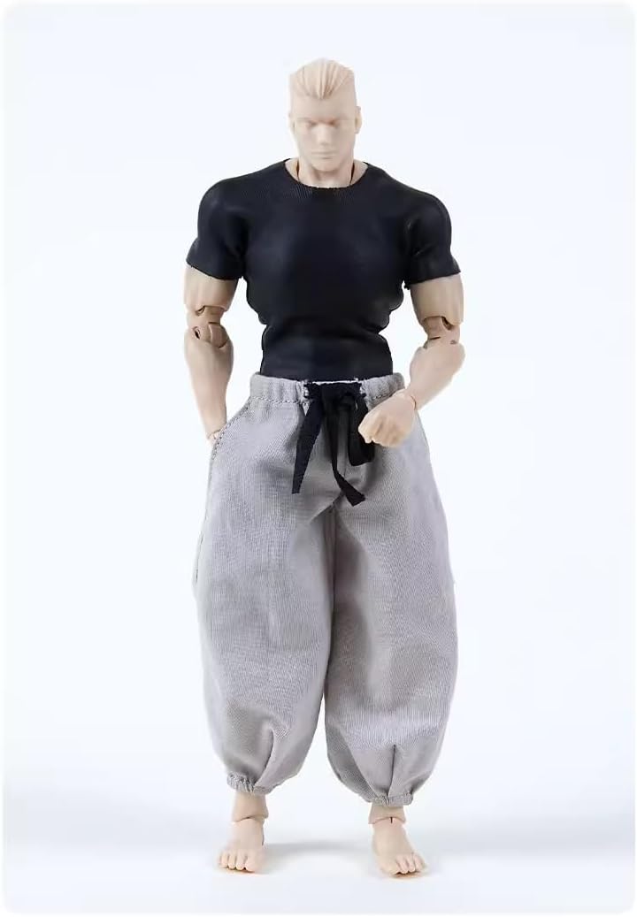 1/12 Scale Male Action Figure Clothes Tight Short Sleeve Combat Suit Set Realistic Outfit for 6 Inch Figure Body Black Top Belt Grey Pants