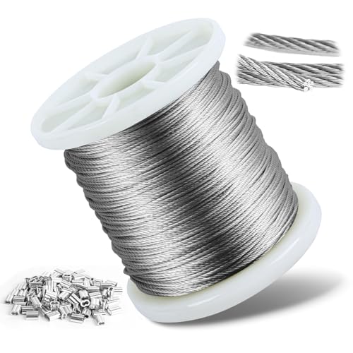 100M Cuerda de alambre, cable de acero inoxidable 304, núcleo 7x7 hilos, resistencia 100 kg, incluye 100 abrazaderas de aluminio, ideal para plantas trepadoras, tendedero exterior, lámpara colgante