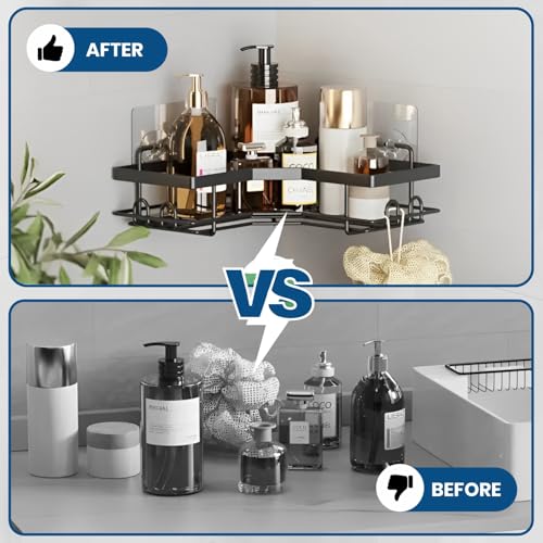 Image of JD FRESH Stainless Steel 3 in 1 Self Adhesive Bathroom Shelf for Wall /Stand for Bathroom Accessories Holder /No Drill Corner Rack for Organiser /Wall Corner Shelf for Bathroom Racks and Shelves(Black)