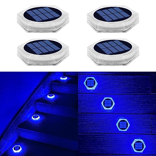 YiLaie Luces Deck Solares Exterior,Lámpara Solar Jardin 24 LED 360°Iluminación IP68 Impermeable Auto ON/OFF Luz Solar suelo para Step,Patio,Garaje,Camino, Luz azul-Hexagonal（4Pack）