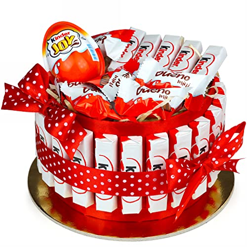 Torte aus Kinder Schokolade - Präsentkorb für frauen mit Kinder Bueno Mini mit Kinder Joy - Kinderriegel torte für Kinder - Geschenkkorb für Geburtstag - Geschenke für frauen