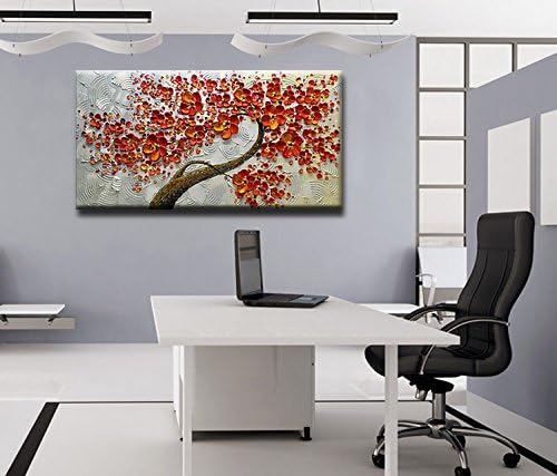 Asdam Art 100% Hand Painted 3D Paintings On Canvas Ready to Hang White and Red Flower Oil Paintings Abstract Modern Artwork Tree Wall Art for Living Room Bedroom (20X40 inch)