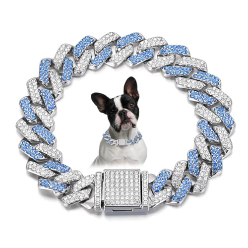 Image of Dog Chain Collars, Diamond Metal Cuban Link Dog Collar,15mm Wide Bling Sparkly Puppy Necklace for Small Medium Large Pet Dogs Cats Silver Blue(14 inch)