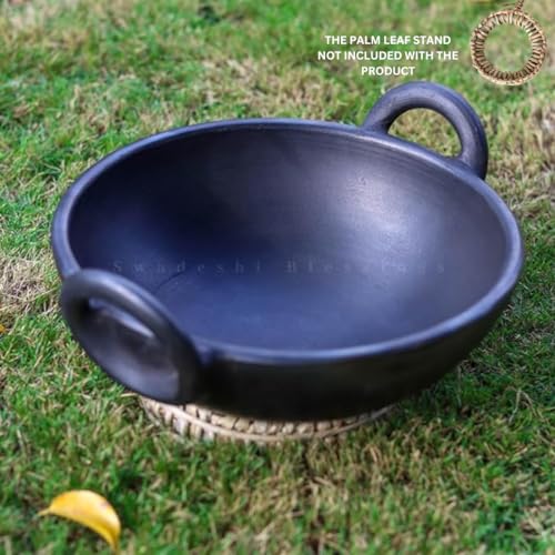 Image of SWADESHI BLESSINGS Exclusive Range Unglazed Clay /Mitti /Earthen Kadai for Cooking, 1.8Liters (with Natural Firing Shade & Mirror Shine) + Free ASH for Cleaning (Black)