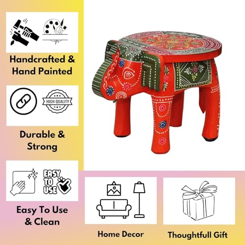 Image of Hand-Crafted and Emboss Colorful Painted Wooden Elephant Round Shape Stool for Home /Office /Living or Bedroom Decor,Decorative Showpiece (8 Inches Height, Orange)