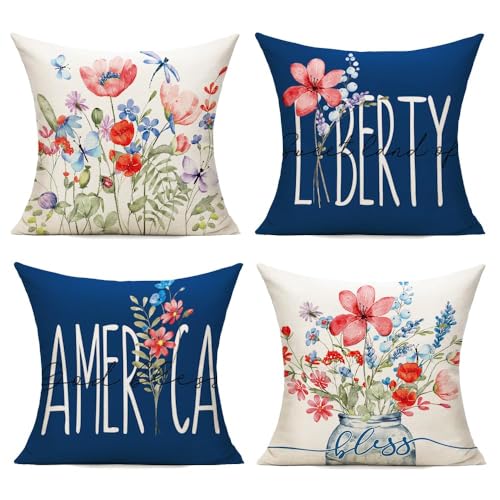 4th of July Patriotic Decorations Outdoor Throw Pillow Covers 16x16 Set of 4 Garden Flowers Spring Farmhouse Patio Decorative Cushion Covers Home Decor Couch for Sofa Bedroom Livingroom, DarkBlue