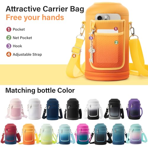Insulated Water Bottle | Thickened Stainless Steel Vacuum Metal | Portable Sports Half Gallon Large Water Jug for Gym and Hiking with Straw, Carrier Bag, Handle Strap | BPA-Free 64 oz